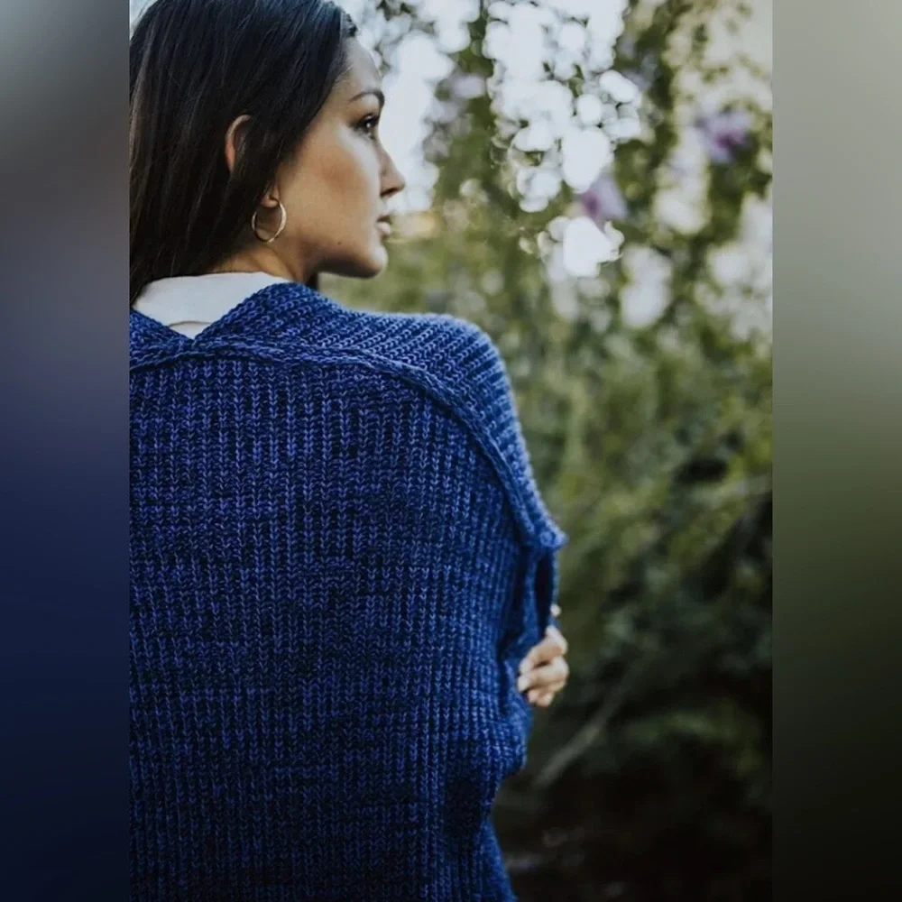 Free People High Hopes Chunky Knit Open‎ Front Cardigan in Blue Combo Size Large